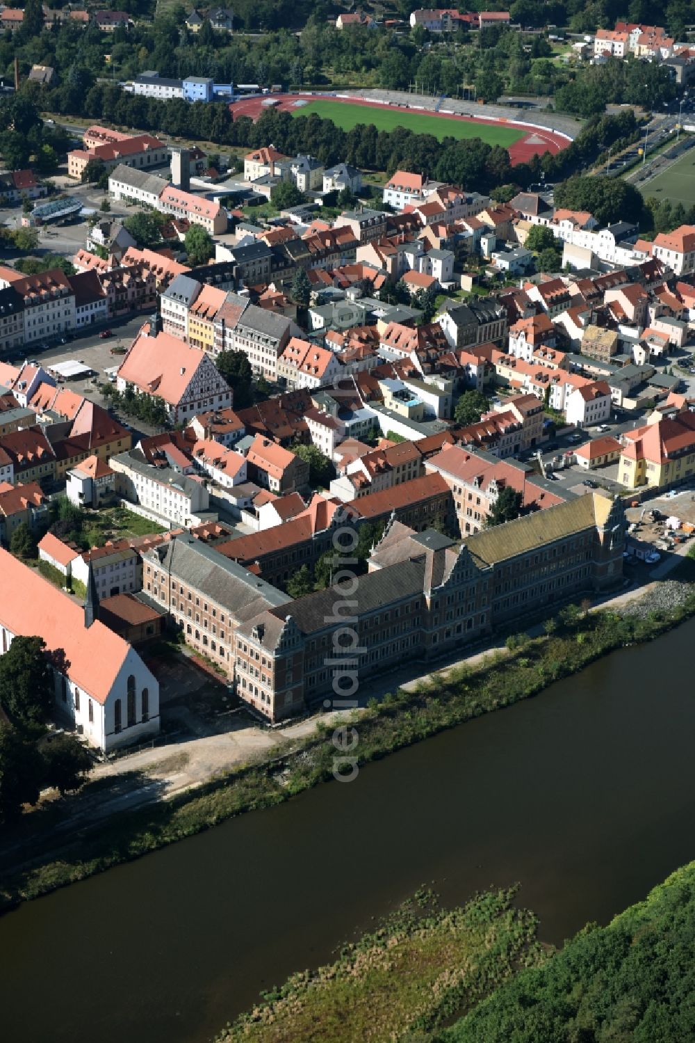 Grimma from above - School building of the Gymnasium St. Augustin on Klosterstrasse in Grimma in the state Saxony