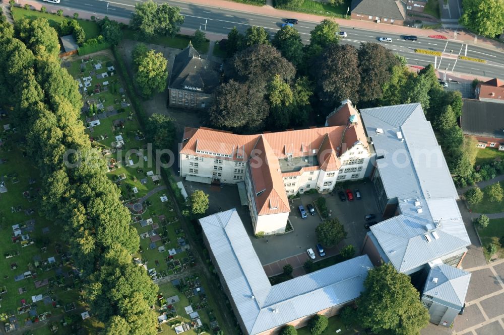 Aurich from above - School building of the Gymnasium Ulricianum Von-Jhering-Strasse in Aurich in the state Lower Saxony