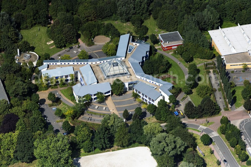 Jüchen from above - School building of the of Gymnasium Juechen in Juechen in the state North Rhine-Westphalia, Germany