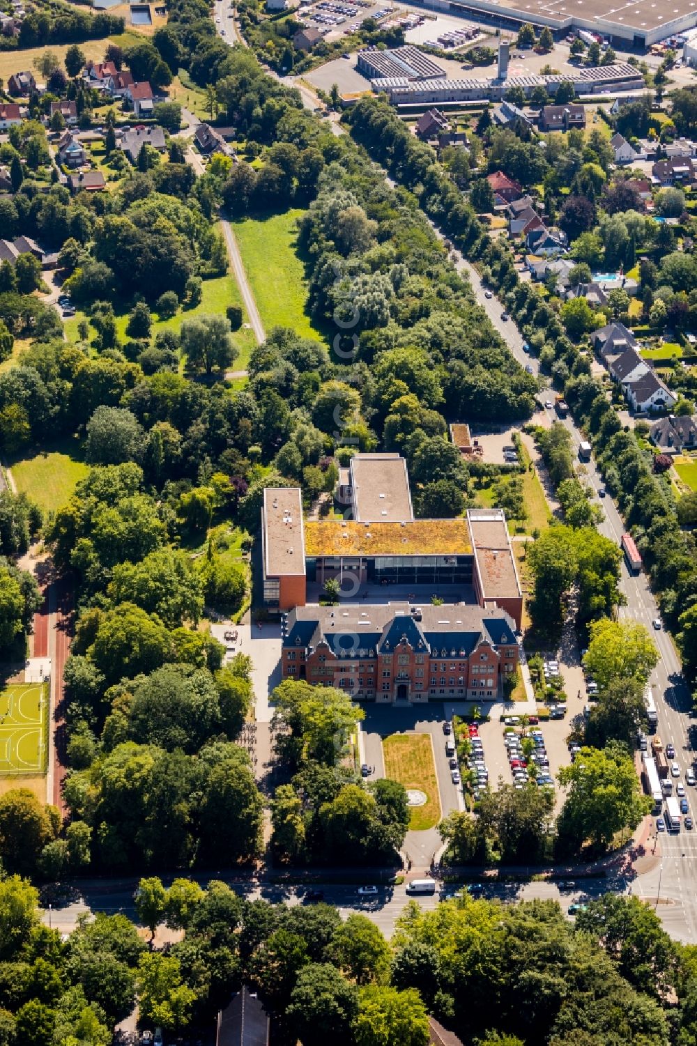 Ahlen from above - School building of the St. Michael on Warendorfer Strasse in Ahlen in the state North Rhine-Westphalia, Germany