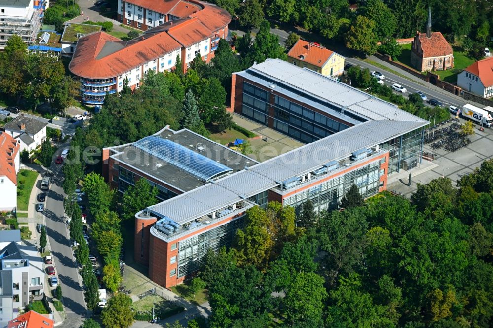 Aerial image Bernau - School building of the Paulus Praetorius Gymnasium on Lohmuehlenstrasse in Bernau in the state Brandenburg, Germany