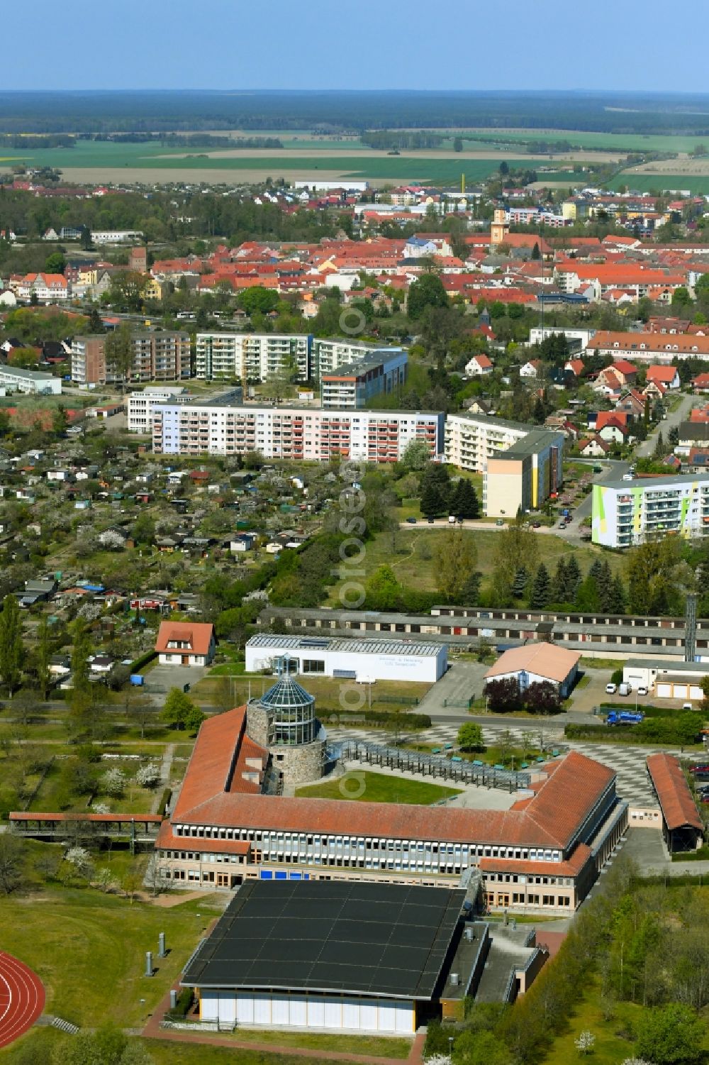 Aerial image Templin - School building of the Templin on Feldstrasse in Templin in the state Brandenburg, Germany