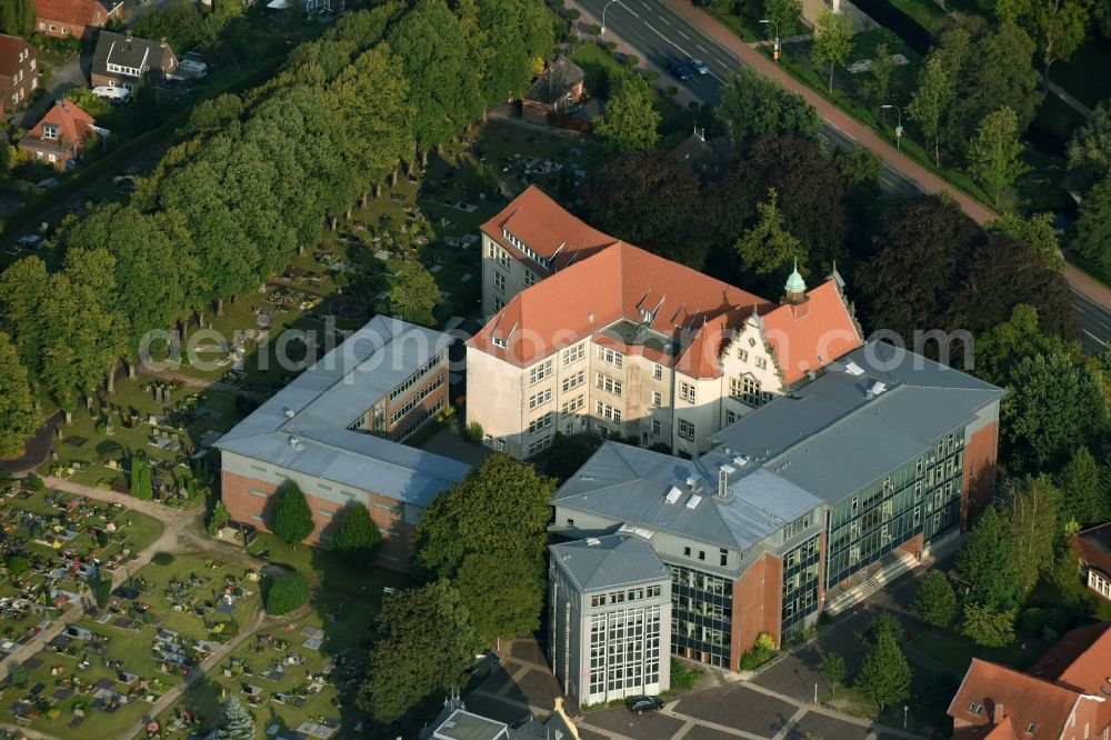 Aurich from above - School building of the Gymnasium Ulricianum Von-Jhering-Strasse near the cemetery in Aurich in the state Lower Saxony