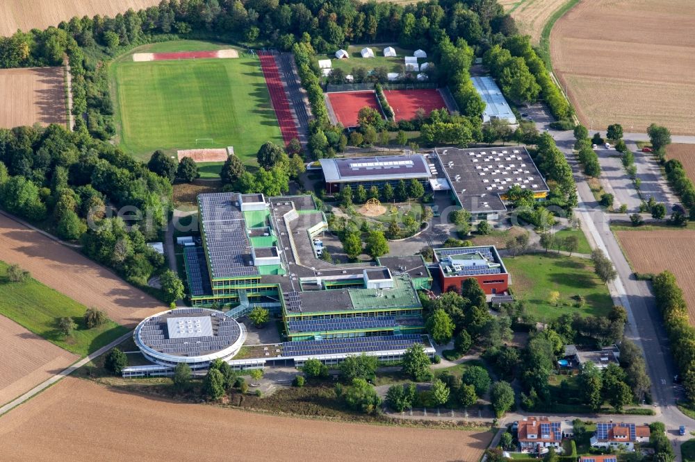 Aerial image Rommelsbach - School building of the HAP Grieshaber Gymnasium in BZN and Wittumhalle in Rommelsbach in the state Baden-Wuerttemberg, Germany