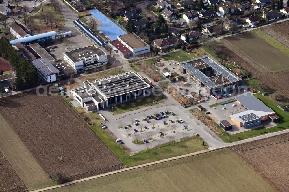 Heitersheim from the bird's eye view: School building of the Johanniter-Realschule, of Johanniter Grandschule and of Malteserhalle in Heitersheim in the state Baden-Wurttemberg, Germany