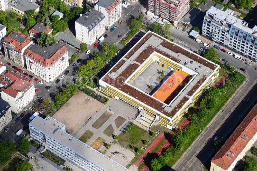 Leipzig from above - School building of the Kurt-Masur-Schule on Scharnhorststrasse in Leipzig in the state Saxony, Germany