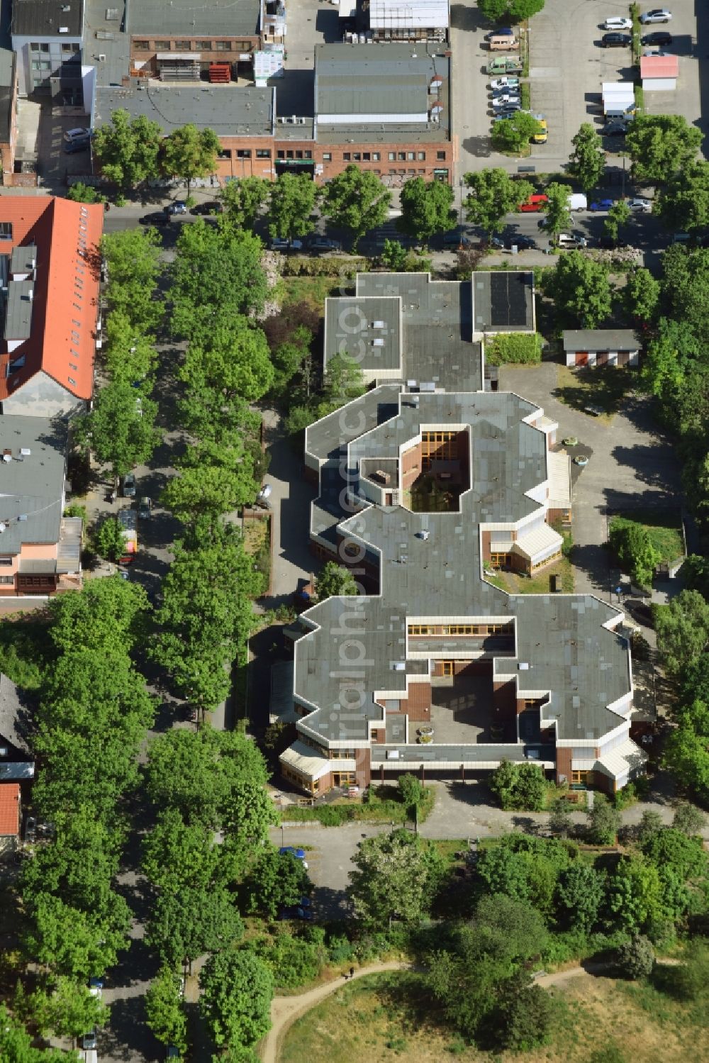 Berlin from above - School building of the Marianne-Cohn-Schule on Holzmannstrasse in Berlin, Germany