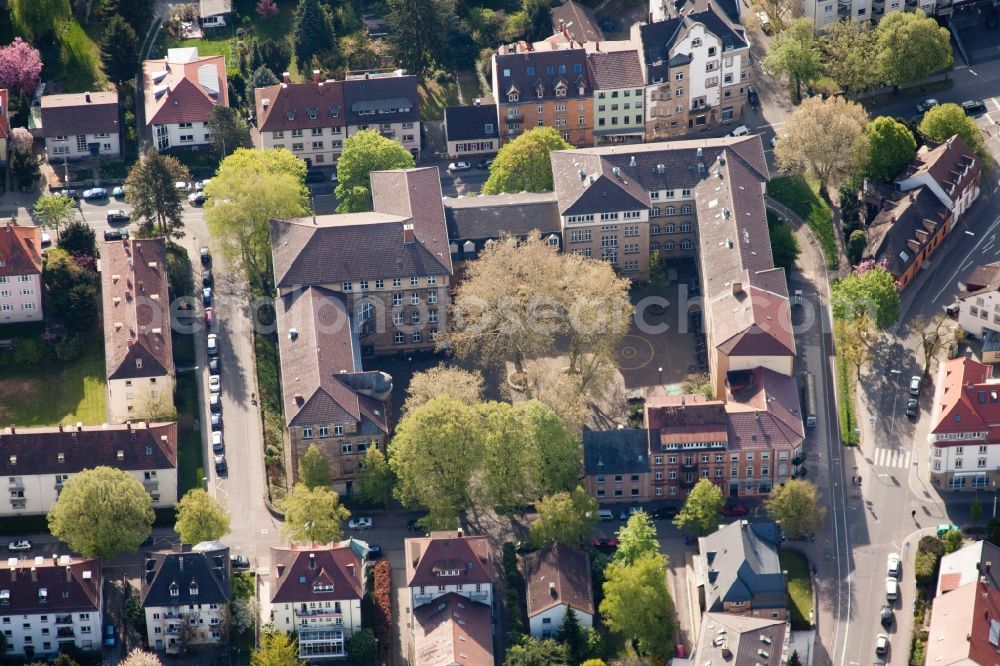 Karlsruhe from above - School building of the Markgrafen-Gymnasium in the district Durlach in Karlsruhe in the state Baden-Wuerttemberg