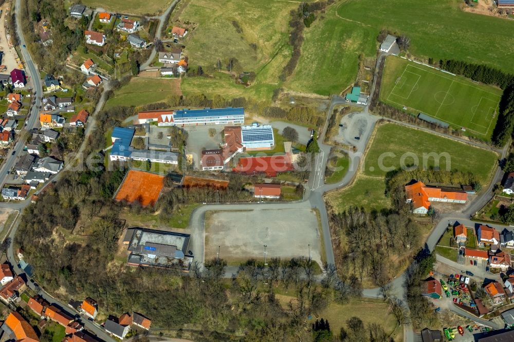 Diemelsee from above - School building of the MPS Adorf in Diemelsee in the state Hesse, Germany