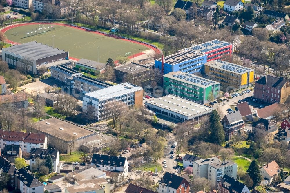 Aerial image Witten - School building of the Otto-Schott-Realschule Am Viehmarkt in Witten in the state North Rhine-Westphalia, Germany