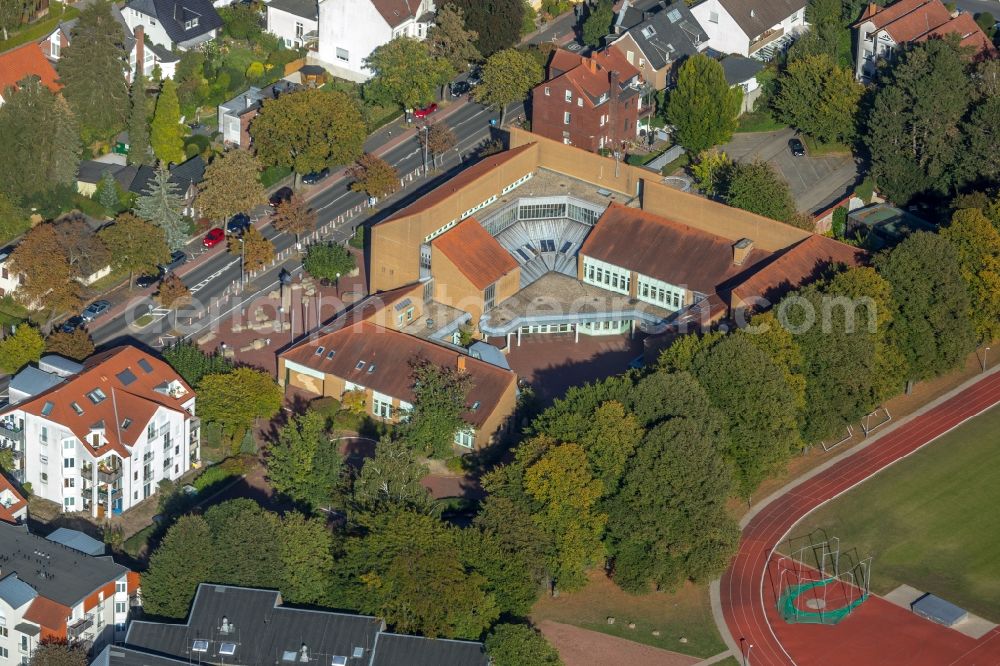 Unna from above - School building of the Pestalozzi-Gymnasium in Unna in the state North Rhine-Westphalia, Germany