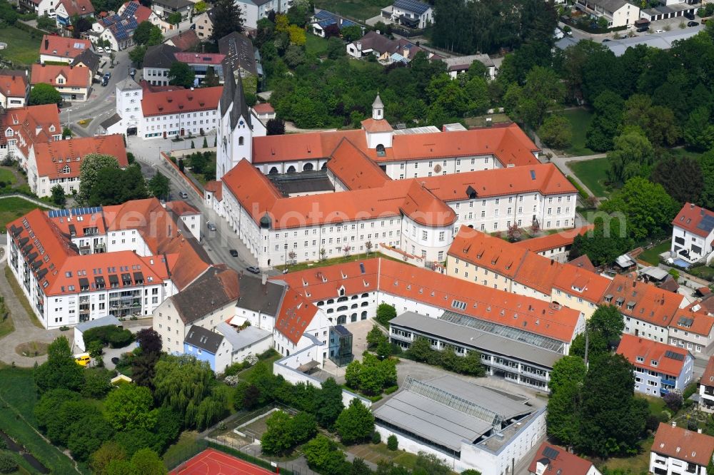 Markt Indersdorf from above - School building of the Realschule Vinzenz von Paul of Erzdioezese Muenchen and Freising in Kloster and die Klosterkirche Maria Hinmelfahrt on Marienplatz in Markt Indersdorf in the state Bavaria, Germany