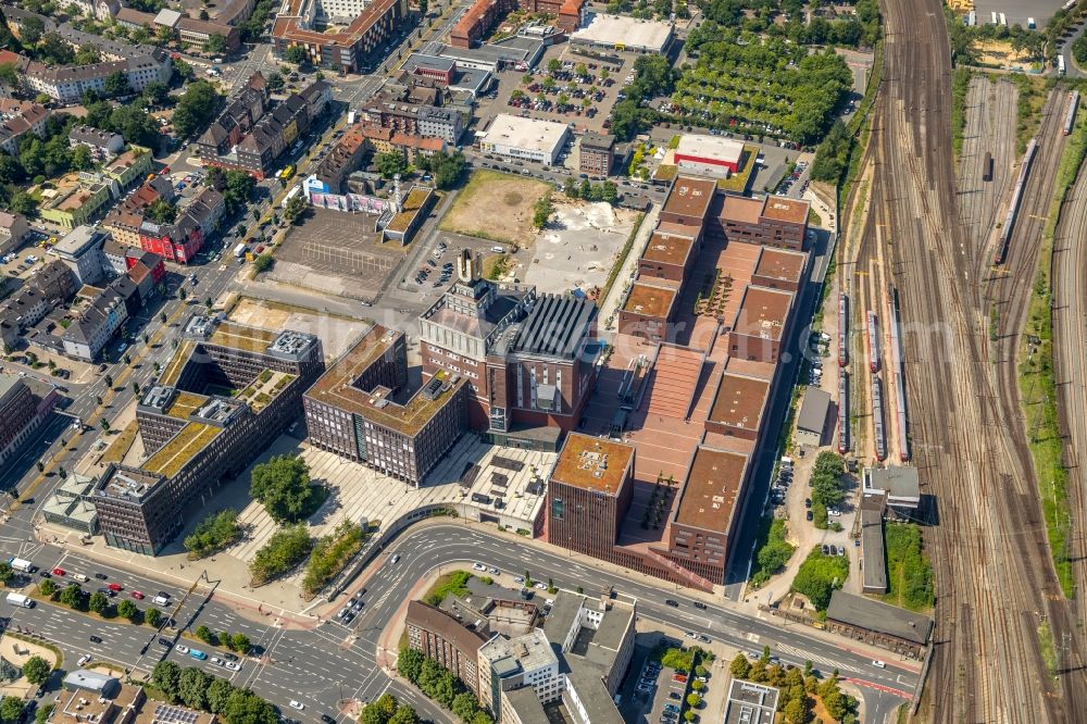 Aerial image Dortmund - School building of the Robert-Schuman-Berufskolleg and of Dortmanof U-Turm on Emil-Moog-Platz in Dortmund in the state North Rhine-Westphalia, Germany