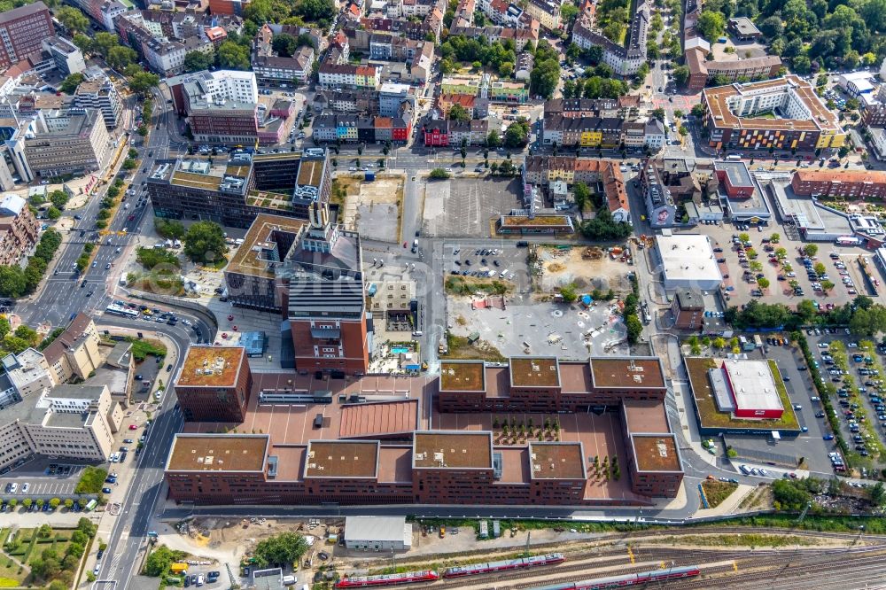 Aerial image Dortmund - School building of the Robert-Schuman-Berufskolleg and of Dortmanof U-Turm on Emil-Moog-Platz in Dortmund in the state North Rhine-Westphalia, Germany