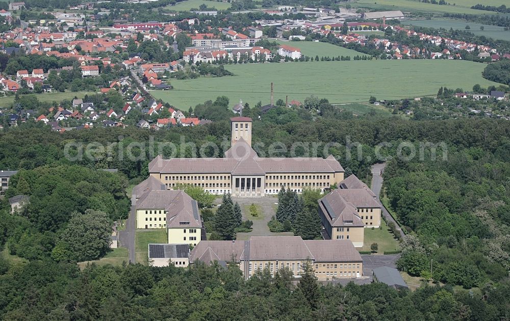 Ballenstedt from above - School building Training Center Grosser Ziegenberg in Ballenstedt in the state Saxony-Anhalt, Germany. Originally built as the National-Political Educational Institution - Anhalt Educational Institution (also called NEPA or NAPOLA) by the NSDAP and later used as the District Party School Wilhelm Liebknecht of the SED of the GDR