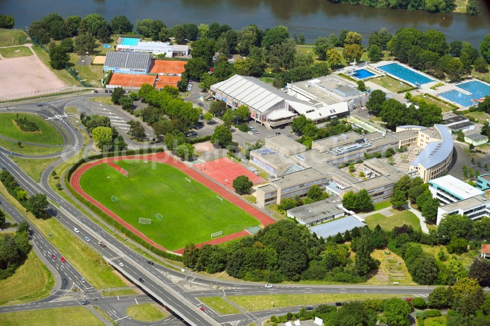 Aerial image Aschaffenburg - School building and sports field of the Friedrich-Dessauer-Gymnasium in Aschaffenburg in the state Bavaria, Germany