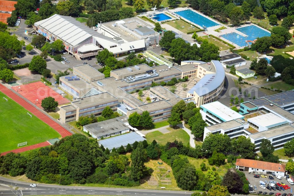 Aschaffenburg from the bird's eye view: School building and sports field of the Friedrich-Dessauer-Gymnasium in Aschaffenburg in the state Bavaria, Germany