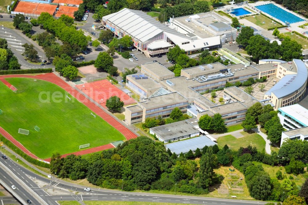 Aerial image Aschaffenburg - School building and sports field of the Friedrich-Dessauer-Gymnasium in Aschaffenburg in the state Bavaria, Germany