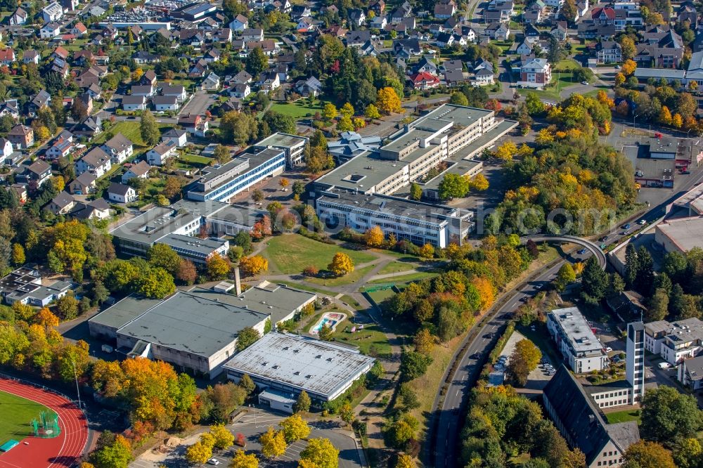 Aerial image Kreuztal - School building of the Staedtischen Gymnasium Kreuztal and the Realschule Ernst-Moritz-Arndt in Kreuztal in the state North Rhine-Westphalia