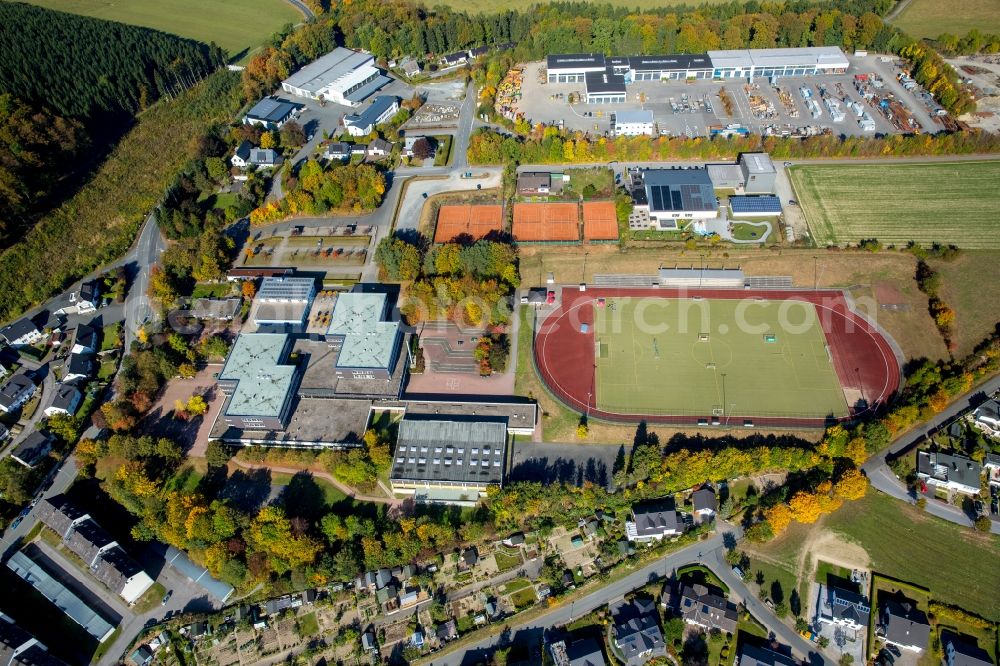 Aerial image Schmallenberg - School building of the city high school next to the sports ground in the obringhauser street in Schmallenberg at Sauerland in the state North Rhine-Westphalia