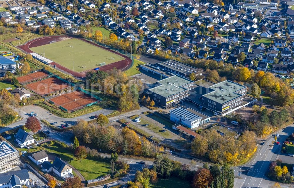 Schmallenberg from above - School building of the city high school next to the sports ground in the obringhauser street in Schmallenberg at Sauerland in the state North Rhine-Westphalia