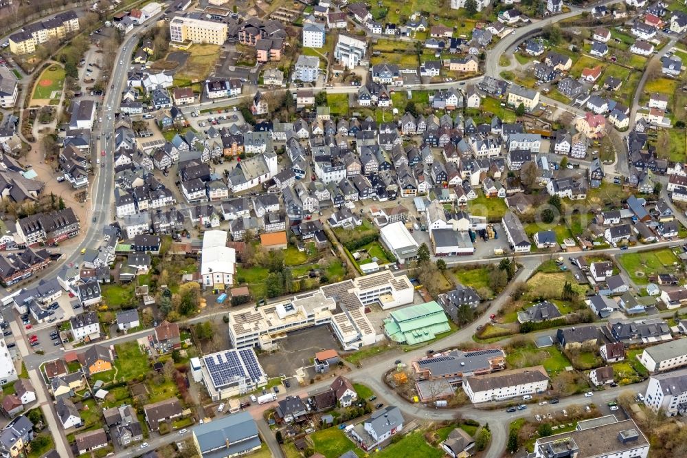 Bad Laasphe from above - School building of the Staedtisches Gymnasium Bad Laasphe on Steinackerstrasse in Bad Laasphe in the state North Rhine-Westphalia, Germany