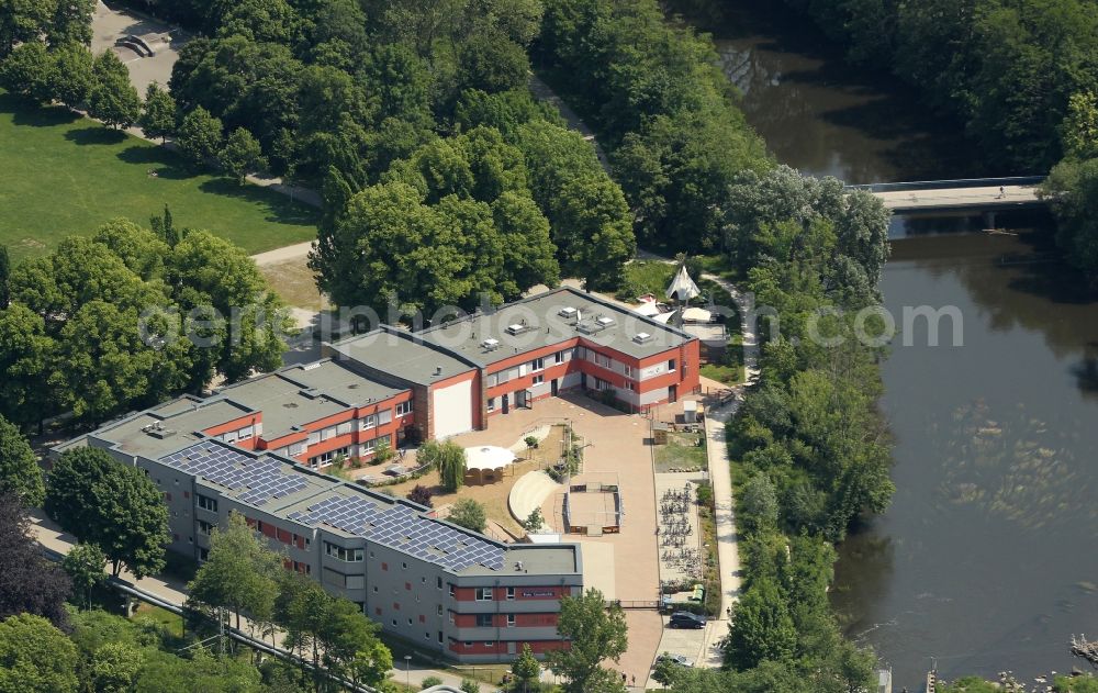 Jena from above - School building of the Universals, Free Comprehensive School and the Hotel Rasenmuehle in Jena in the state of Thuringia, Germany