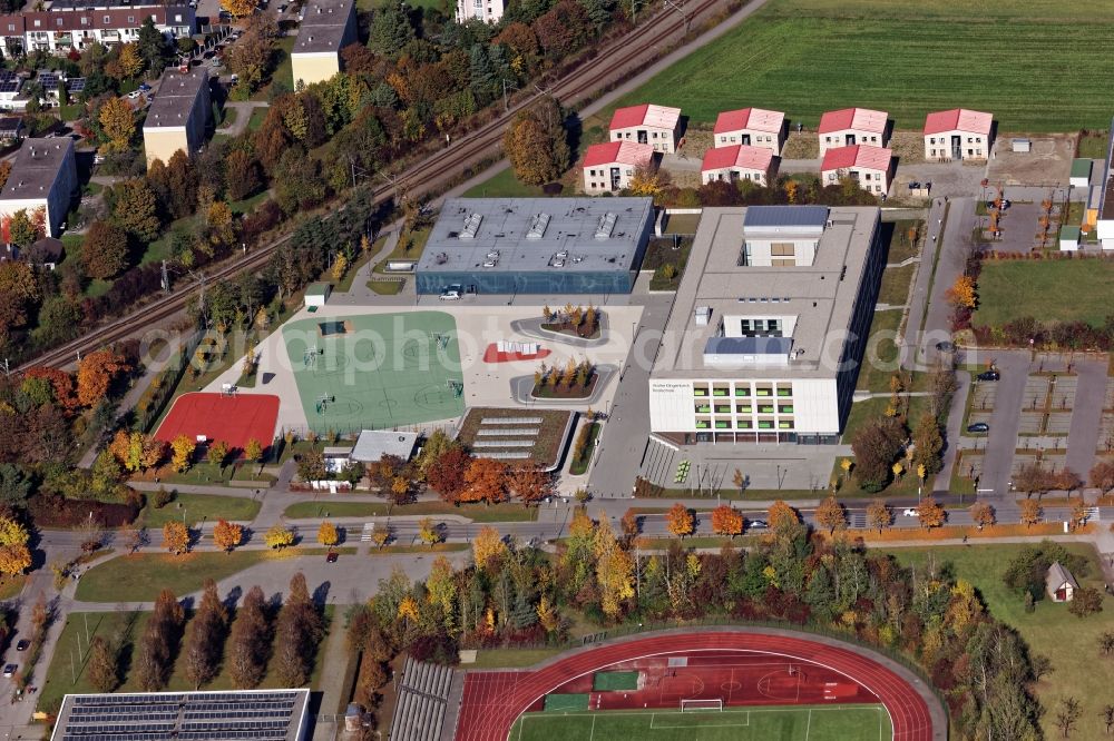 Taufkirchen from the bird's eye view: School building of the football elite school Walter-Klingenbeck-Realschule in Taufkirchen near Munich in the state of Bavaria