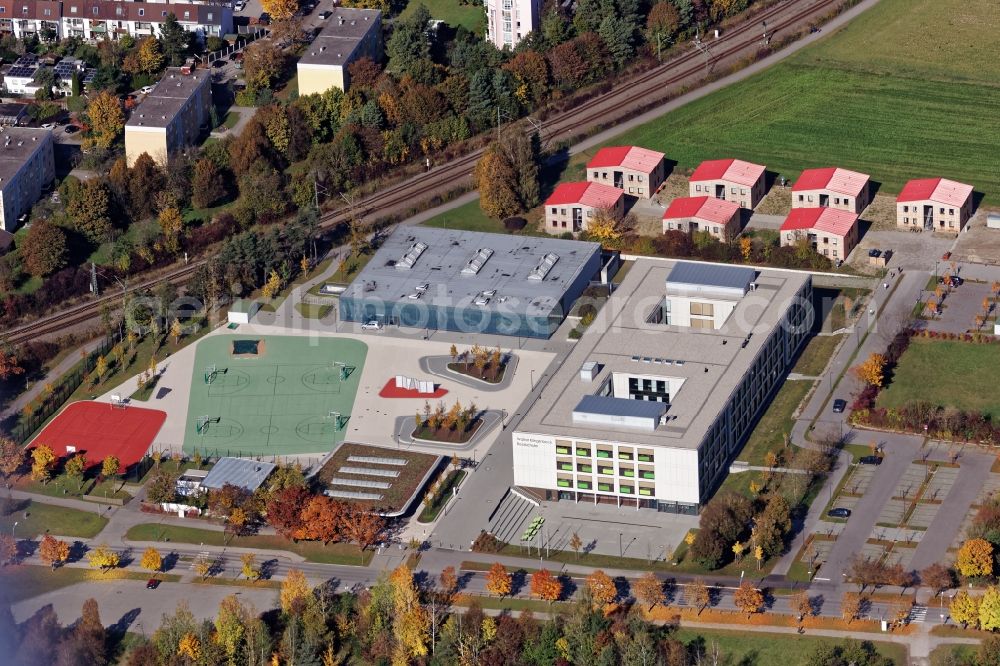 Aerial image Taufkirchen - School building of the football elite school Walter-Klingenbeck-Realschule in Taufkirchen near Munich in the state of Bavaria