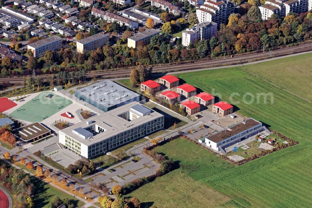 Aerial photograph Taufkirchen - School building of the football elite school Walter-Klingenbeck-Realschule in Taufkirchen near Munich in the state of Bavaria