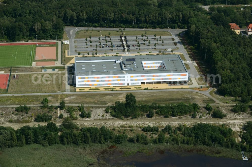 Aerial image Schwarzheide - School grounds and buildings of the education center SeeCampus Niederlausitz in Schwarzheide in the state of Brandenburg. A highschool, a library and sports facilities are part of the complex which is the first passive house school in Germany