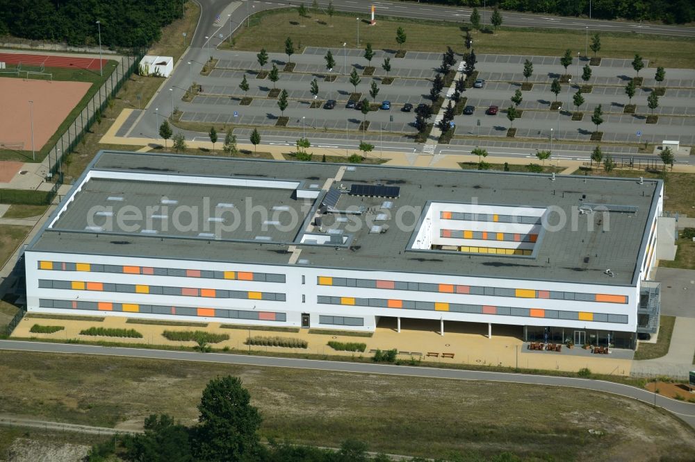 Schwarzheide from above - School grounds and buildings of the education center SeeCampus Niederlausitz in Schwarzheide in the state of Brandenburg. A highschool, a library and sports facilities are part of the complex which is the first passive house school in Germany