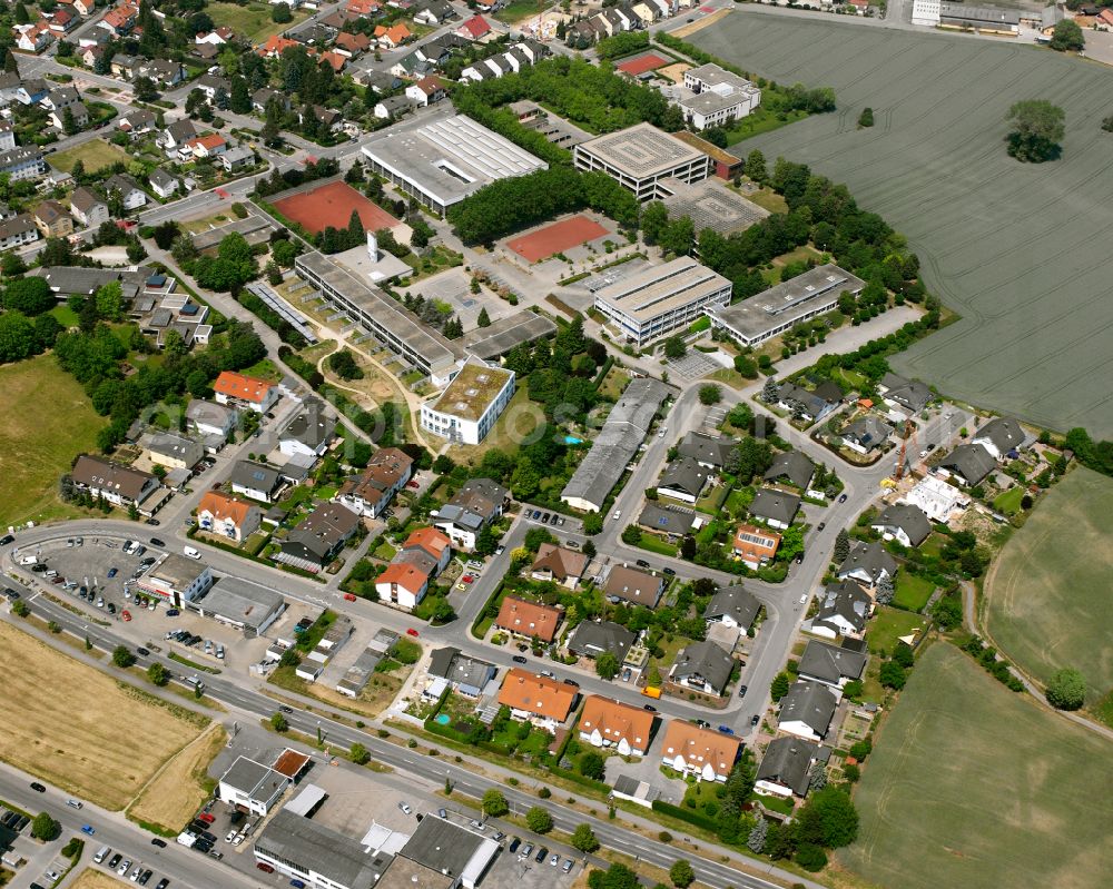 Philippsburg from above - School grounds and buildings of the Kopernikus Gymnasium and Konrad Adenauer Realschule in Philippsburg in the state Baden-Wuerttemberg, Germany