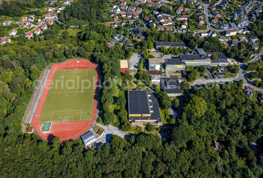 Ennepetal from above - School building of the Reichenbach Gymnasium and sports facilities in Ennepetal in the state of North Rhine-Westphalia