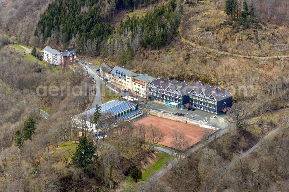 Wittgenstein from above - School building and sports field Gymnasium Schloss Wittgenstein in Wittgenstein on Siegerland in the state North Rhine-Westphalia, Germany