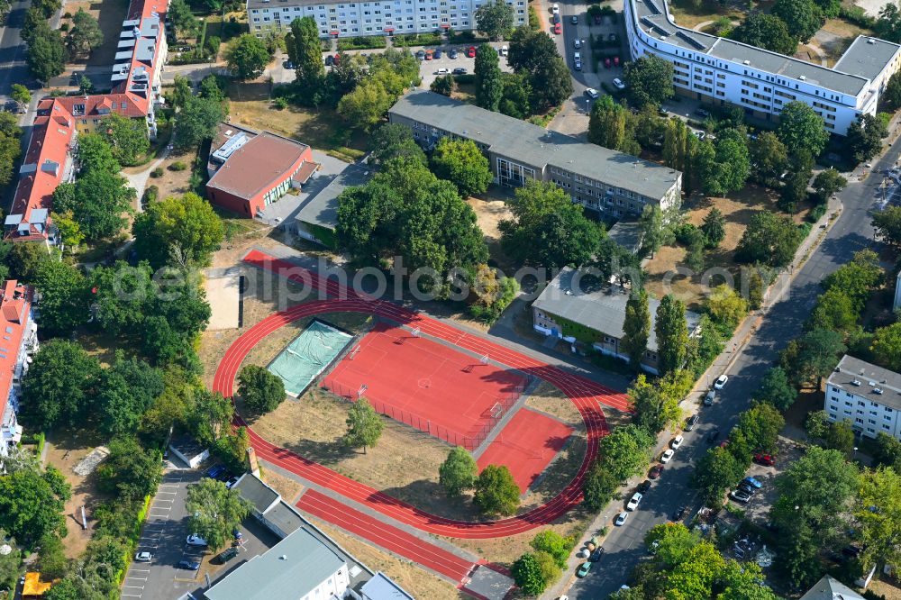 Berlin from above - School building and sports field Merian-Oberschule on street Hoernlestrasse in Berlin, Germany