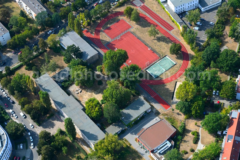 Berlin from above - School building and sports field Merian-Oberschule on street Hoernlestrasse in Berlin, Germany