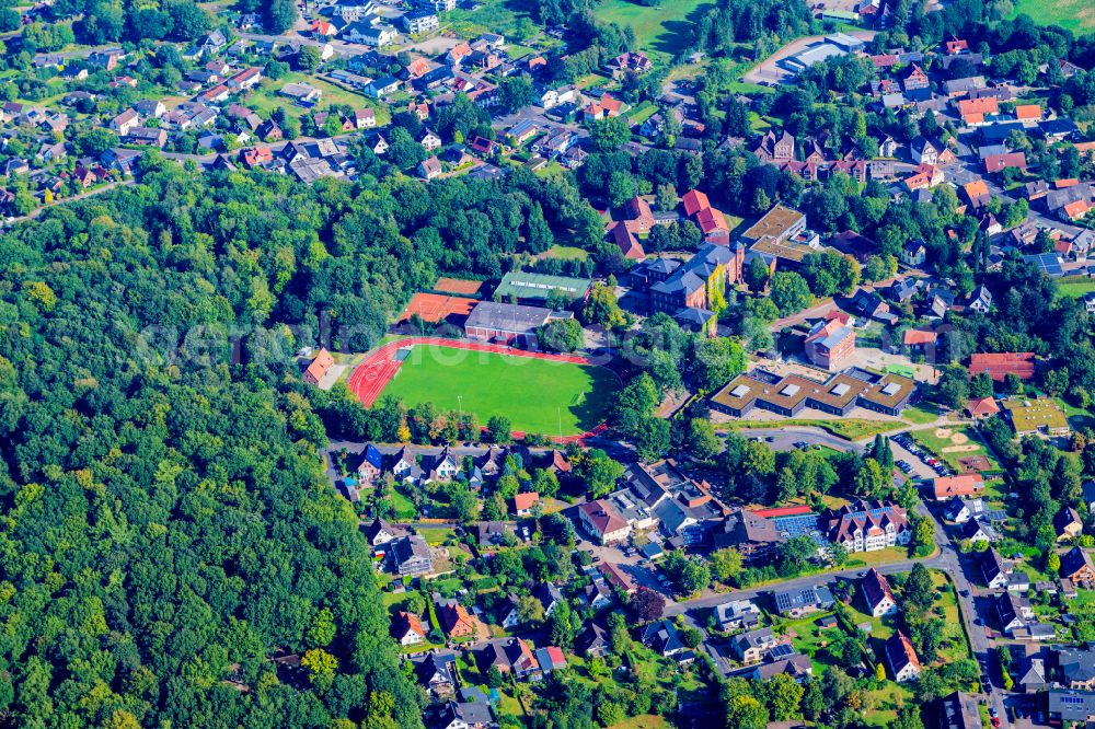 Aerial image Geestland - School building and sports field Niedersaechsische Internatsgymnasium on street Seminarstrasse in Geestland in the state Lower Saxony, Germany