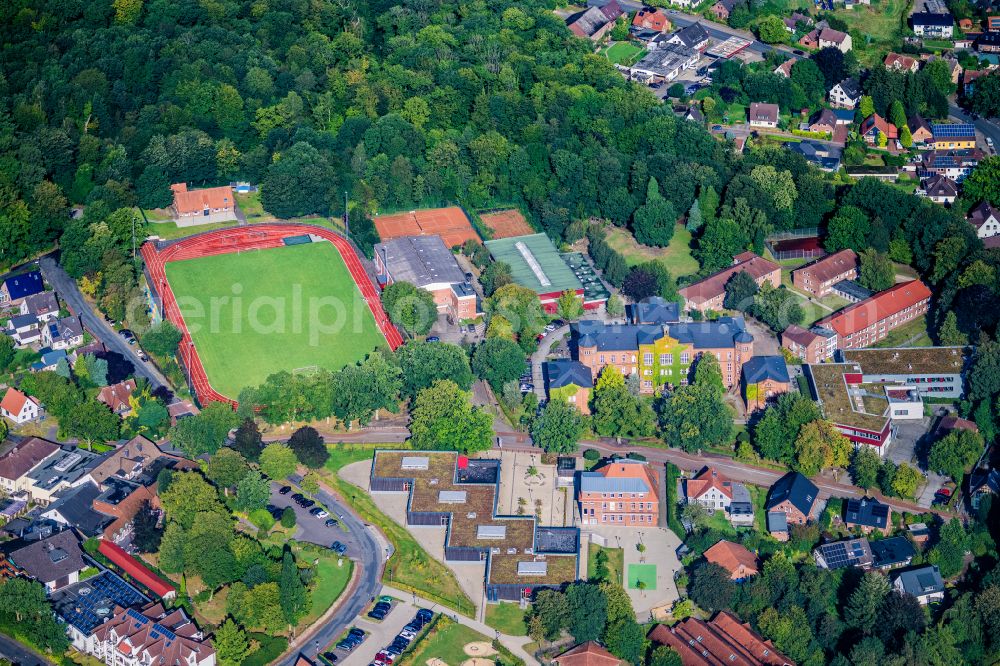 Geestland from above - School building and sports field Niedersaechsische Internatsgymnasium on street Seminarstrasse in Geestland in the state Lower Saxony, Germany