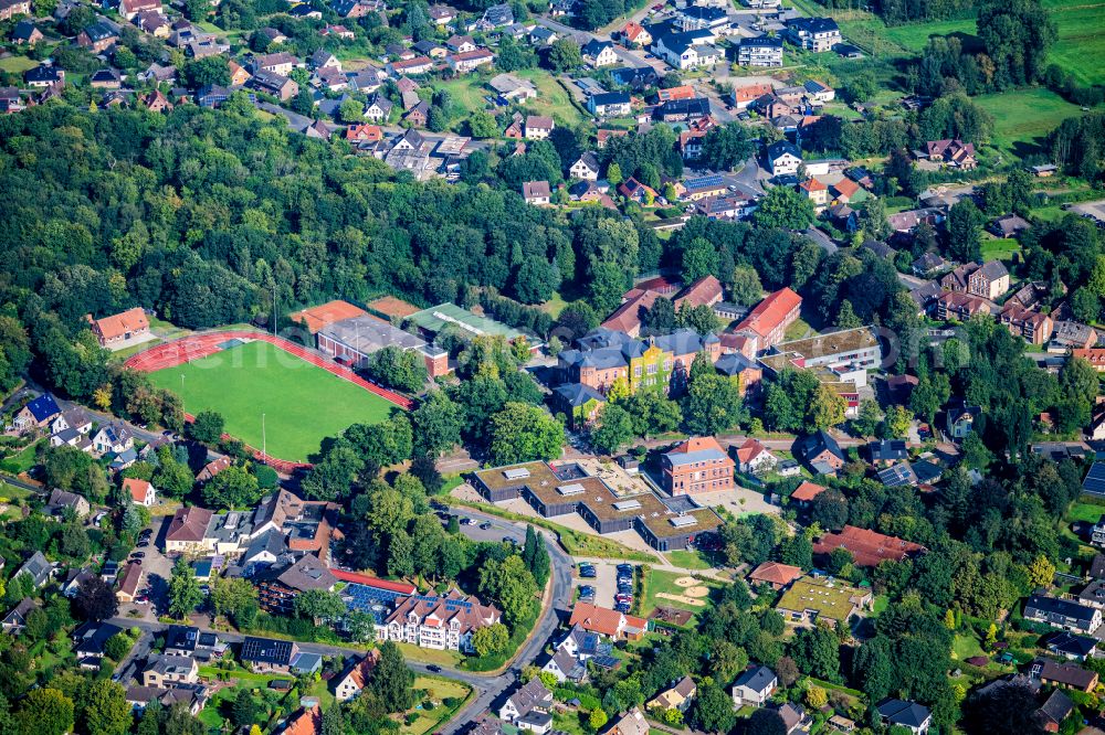 Geestland from the bird's eye view: School building and sports field Niedersaechsische Internatsgymnasium on street Seminarstrasse in Geestland in the state Lower Saxony, Germany