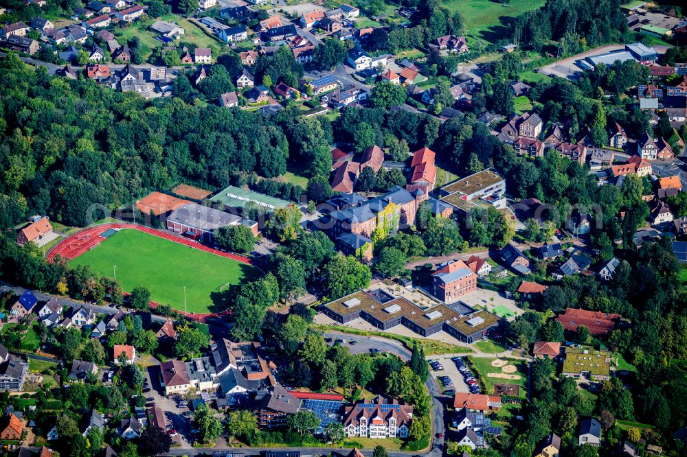 Aerial image Geestland - School building and sports field Niedersaechsische Internatsgymnasium on street Seminarstrasse in Geestland in the state Lower Saxony, Germany