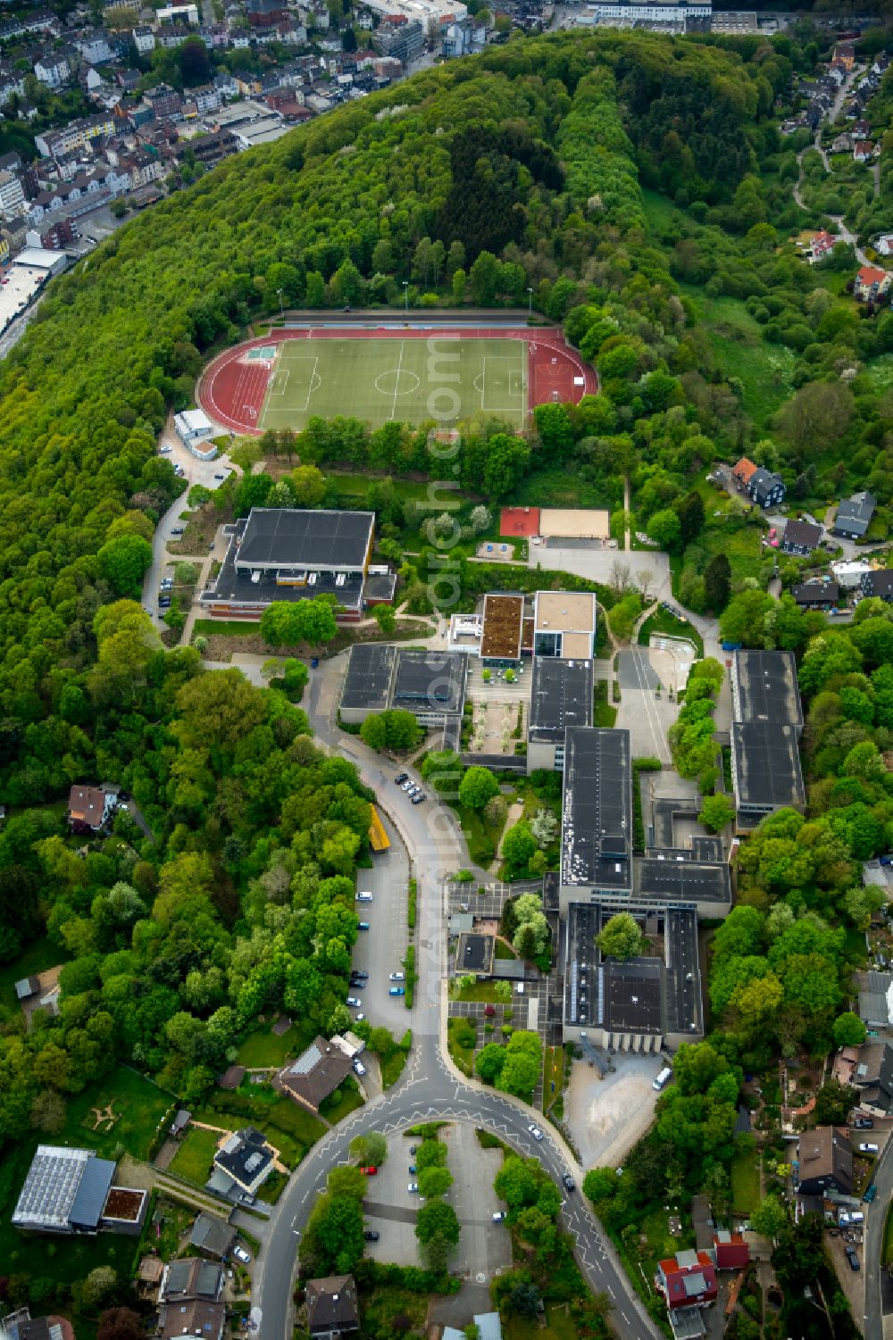 Ennepetal from above - School building and sports field Reichenbach Gymnasium on street Peddinghausstrasse in Ennepetal at Ruhrgebiet in the state North Rhine-Westphalia, Germany