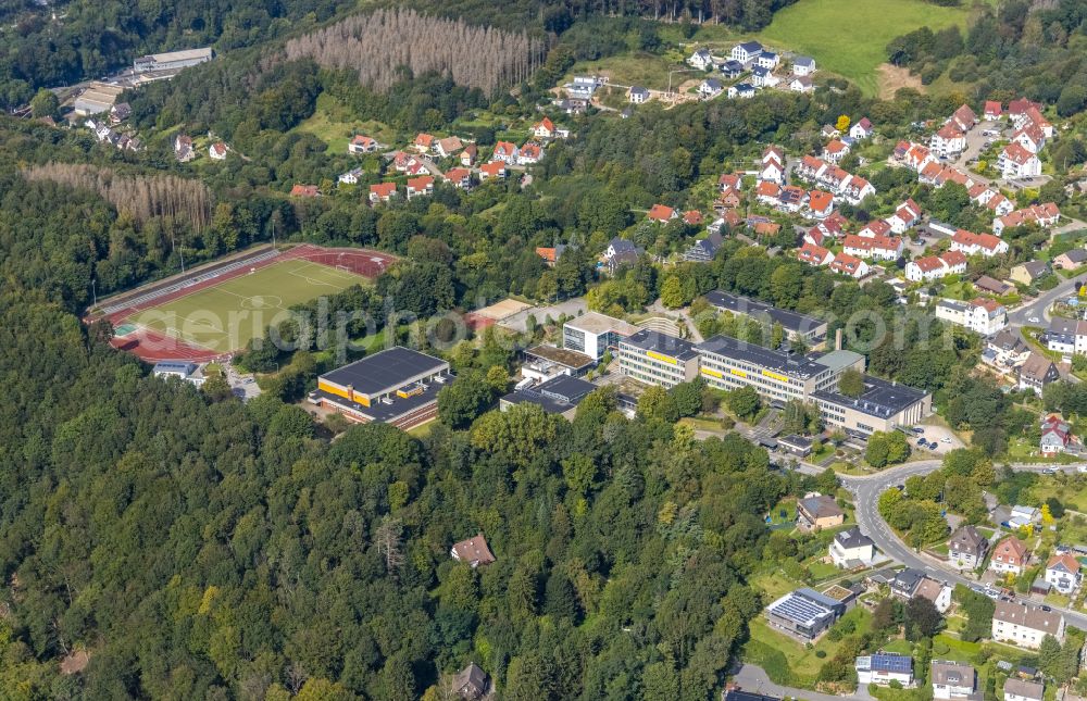 Ennepetal from above - School building and sports field Reichenbach Gymnasium on street Peddinghausstrasse in Ennepetal at Ruhrgebiet in the state North Rhine-Westphalia, Germany