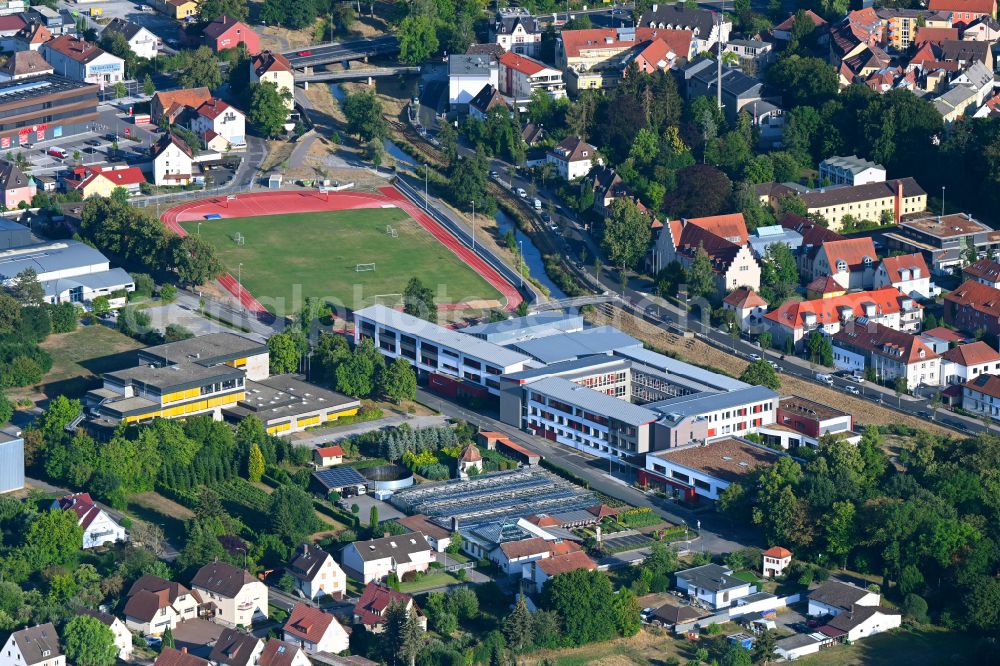 Bad Neustadt an der Saale from above - School building and sports field of Rhoen Gymnasium Bad Neustadt a.d. Saale in Bad Neustadt an der Saale in the state Bavaria, Germany