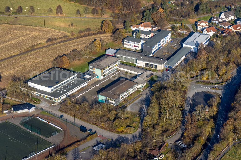 Balve from above - School building and sports field Staedtische Realschule Balve on street Am Krumpaul in Balve in the state North Rhine-Westphalia, Germany