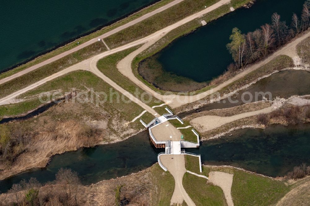 Wittenweier from the bird's eye view: Retention basin and protective dam construction on Oberrhein in Wittenweier in the state Baden-Wuerttemberg, Germany