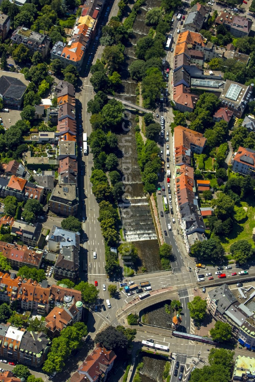 Freiburg im Breisgau from the bird's eye view: Bridge Schwabentorbruecke on the bank of the river Dreisam in the old town in Freiburg in Baden-Wuerttemberg