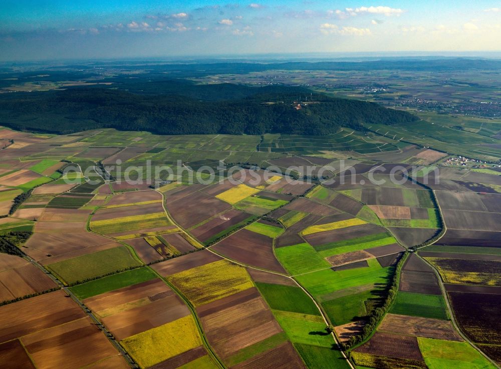 Aerial photograph Rödelsee - Schwanberg mountain in Roedelsee in the state of Bavaria. The mountain is a hill amidst agriculturally informed flatland of the borough of Roedelsee which is famous for winery and viniculture. Castle Schwanberg and its park are located on the mountain