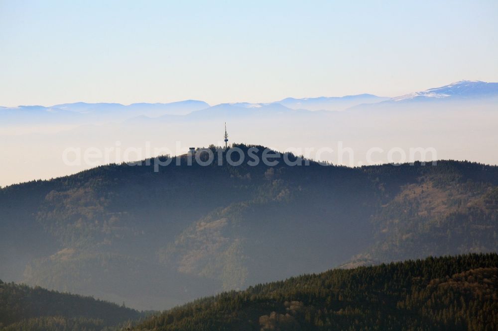 Aerial photograph Badenweiler - View over the southern Black Forest to the summit of Hochblauen (also called Blauen) at Badenweiler in the state of Baden-Wuerttemberg. The TV Tower in the Black Forest mountain dominate the landscape in the Black Forest. In the background the Vosges Mountains in Alsace