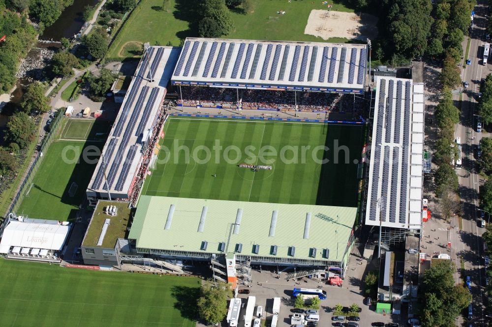 Freiburg im Breisgau from the bird's eye view: Solar cells a photovoltaic system on the roof of the stadium - Black Forest stadium of FC Freiburg in Freiburg in Baden-Wuerttemberg